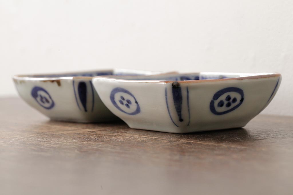 幕末明治期 伊万里焼 染付角皿2枚セット(向付、小鉢、和食器)(R-042685)