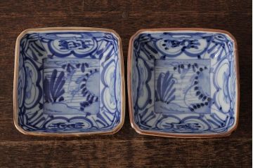 幕末明治期 伊万里焼 染付角皿2枚セット(向付、小鉢、和食器)(R-042685)