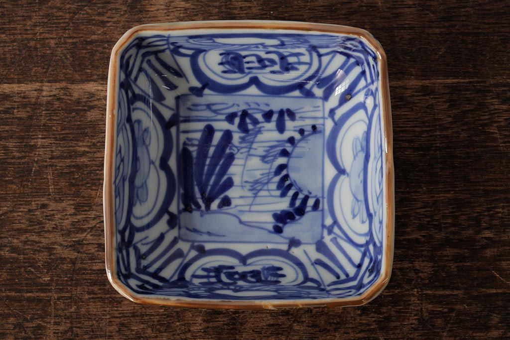 幕末明治期 伊万里焼 染付角皿2枚セット(向付、小鉢、和食器)(R-042685)