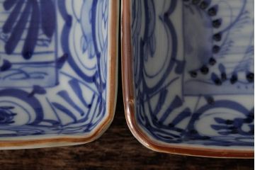 幕末明治期 伊万里焼 染付角皿2枚セット(向付、小鉢、和食器)(R-042685)