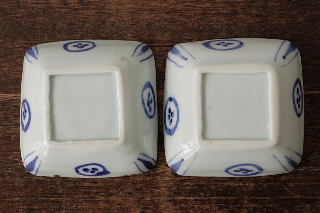 幕末明治期 伊万里焼 染付角皿2枚セット(向付、小鉢、和食器)(R-042685)