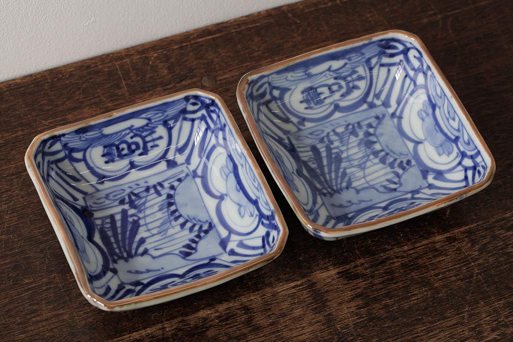 幕末明治期　伊万里焼　染付角皿2枚セット(向付、小鉢、和食器)(R-042686)
