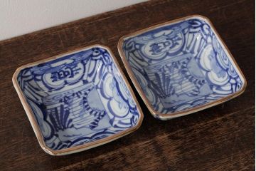 幕末明治期　伊万里焼　染付角皿2枚セット(向付、小鉢、和食器)(R-042686)