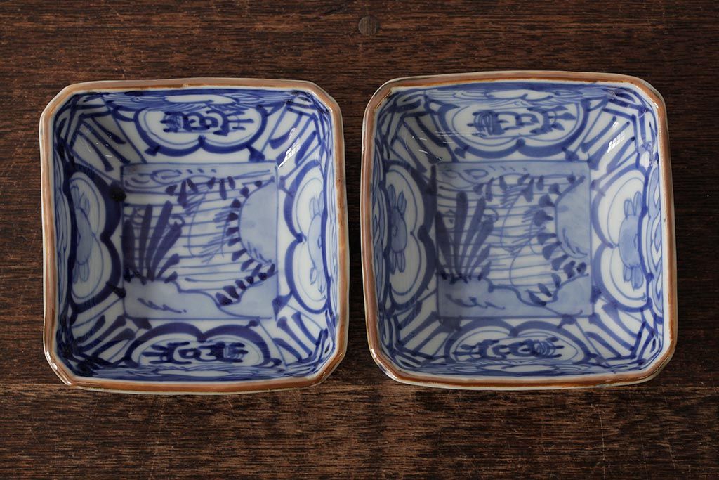幕末明治期　伊万里焼　染付角皿2枚セット(向付、小鉢、和食器)(R-042686)