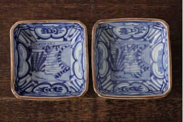 幕末明治期　伊万里焼　染付角皿2枚セット(向付、小鉢、和食器)(R-042686)