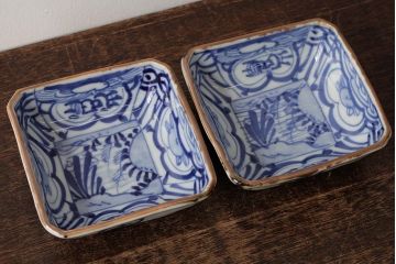 幕末明治期　伊万里焼　染付角皿2枚セット(向付、小鉢、和食器)(R-042688)