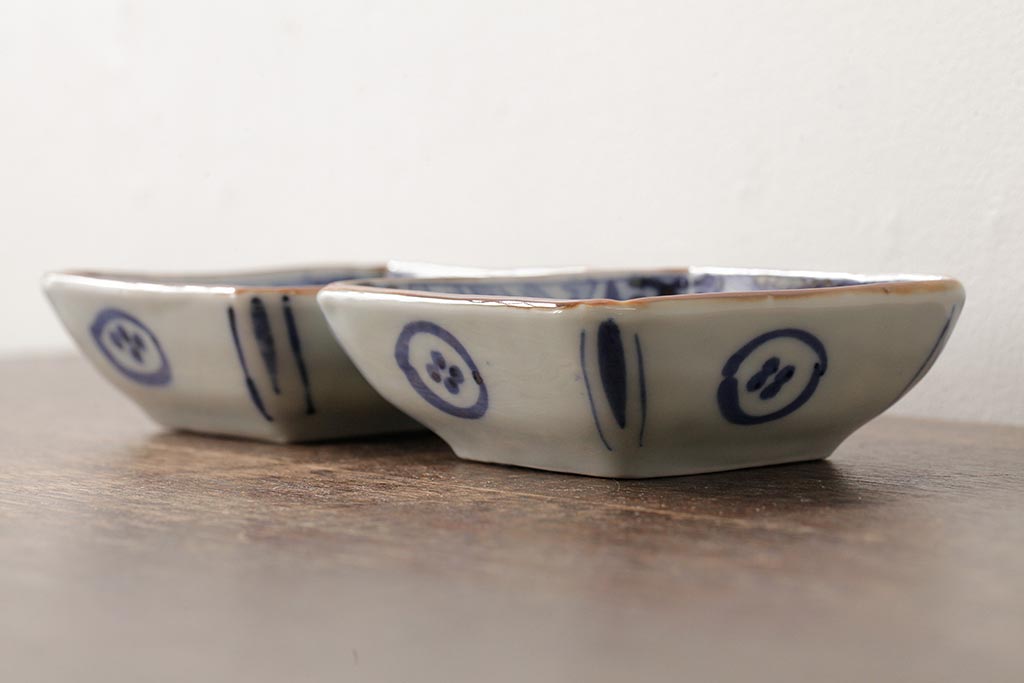 アンティーク雑貨　幕末明治期　伊万里焼　染付角皿2枚セット(向付、小鉢、和食器)(R-042689)