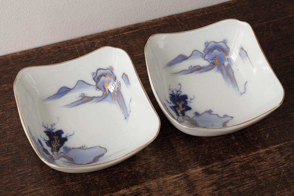 アンティーク雑貨　明治大正期　伊万里焼山水図染付向付2点セット(小皿、和食器)(R-042690)