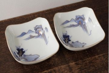 アンティーク雑貨　明治大正期　伊万里焼山水図染付向付2点セット(小皿、和食器)(R-042690)
