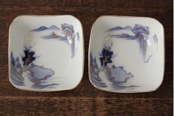アンティーク雑貨　明治大正期　伊万里焼山水図染付向付2点セット(小皿、和食器)(R-042690)