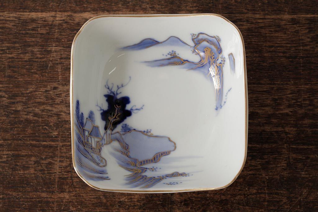 アンティーク雑貨　明治大正期　伊万里焼山水図染付向付2点セット(小皿、和食器)(R-042690)