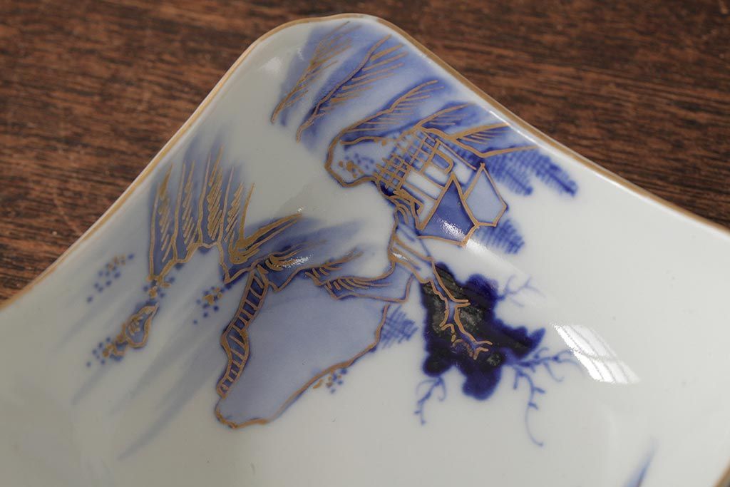 アンティーク雑貨　明治大正期　伊万里焼山水図染付向付2点セット(小皿、和食器)(R-042690)