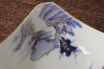 アンティーク雑貨　明治大正期　伊万里焼山水図染付向付2点セット(小皿、和食器)(R-042690)