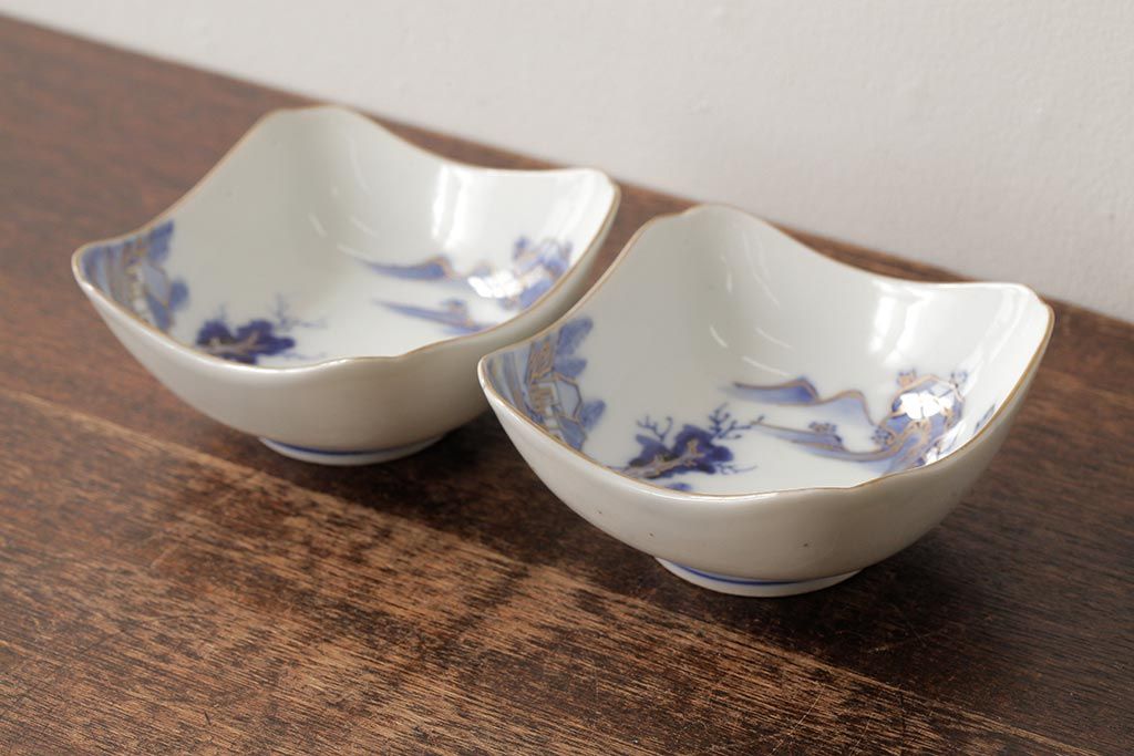 アンティーク雑貨　明治大正期　伊万里焼山水図染付向付2点セット(小皿、和食器)(R-042691)