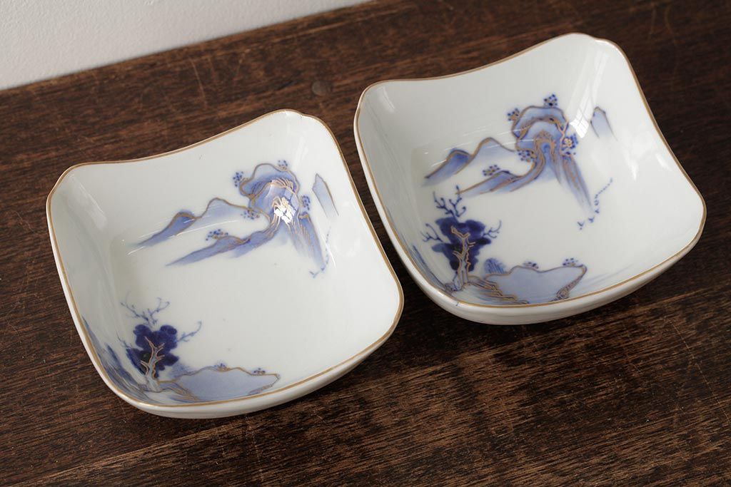 アンティーク雑貨　明治大正期　伊万里焼山水図染付向付2点セット(小皿、和食器)(R-042691)