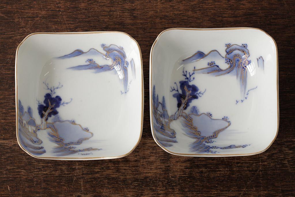 アンティーク雑貨　明治大正期　伊万里焼山水図染付向付2点セット(小皿、和食器)(R-042691)