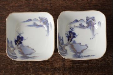 アンティーク雑貨　明治大正期　伊万里焼山水図染付向付2点セット(小皿、和食器)(R-042691)