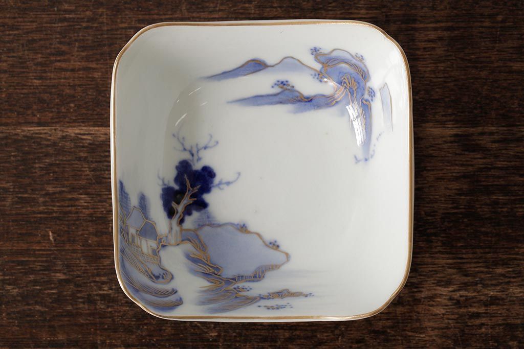 アンティーク雑貨　明治大正期　伊万里焼山水図染付向付2点セット(小皿、和食器)(R-042691)