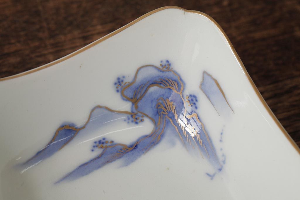 アンティーク雑貨　明治大正期　伊万里焼山水図染付向付2点セット(小皿、和食器)(R-042691)