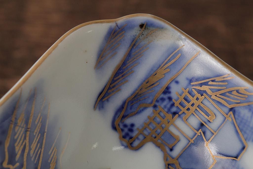 アンティーク雑貨　明治大正期　伊万里焼山水図染付向付2点セット(小皿、和食器)(R-042691)