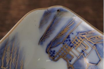 アンティーク雑貨　明治大正期　伊万里焼山水図染付向付2点セット(小皿、和食器)(R-042691)