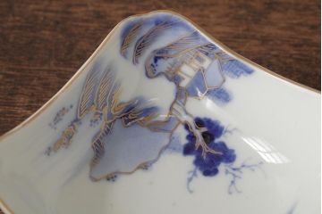 アンティーク雑貨　明治大正期　伊万里焼山水図染付向付2点セット(小皿、和食器)(R-042691)