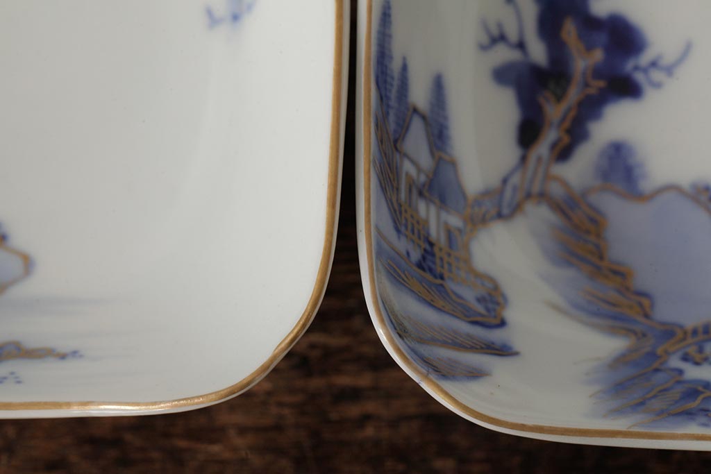 アンティーク雑貨　明治大正期　伊万里焼山水図染付向付2点セット(小皿、和食器)(R-042691)