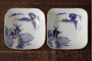 アンティーク雑貨　明治大正期　伊万里焼山水図染付向付2点セット(小皿、和食器)(R-042692)