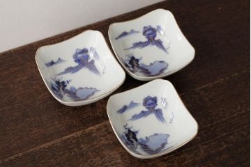 アンティーク雑貨　明治大正期　伊万里焼山水図染付向付3点セット(小皿、和食器)(R-042693)