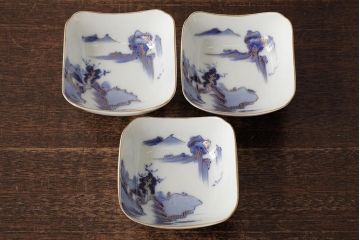 アンティーク雑貨　明治大正期　伊万里焼山水図染付向付3点セット(小皿、和食器)(R-042693)