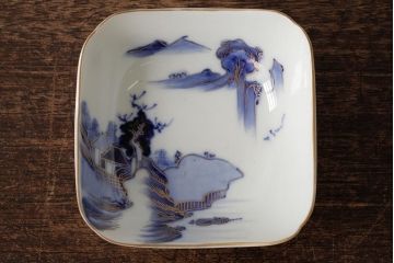 アンティーク雑貨　明治大正期　伊万里焼山水図染付向付3点セット(小皿、和食器)(R-042693)