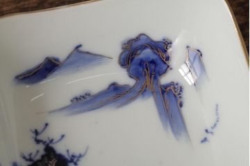 アンティーク雑貨　明治大正期　伊万里焼山水図染付向付3点セット(小皿、和食器)(R-042693)