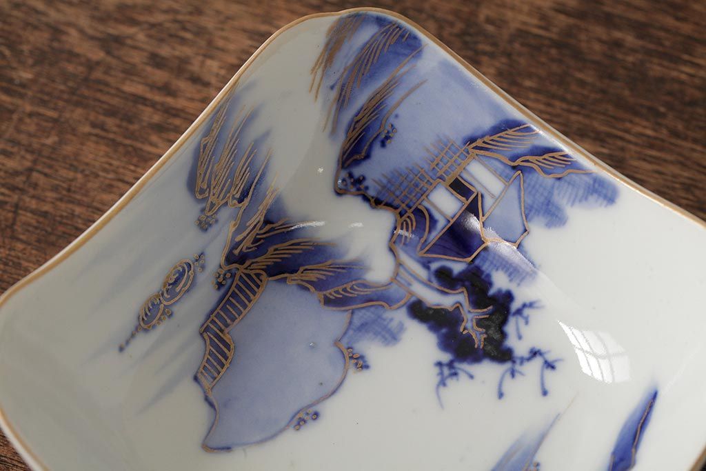 アンティーク雑貨　明治大正期　伊万里焼山水図染付向付3点セット(小皿、和食器)(R-042693)