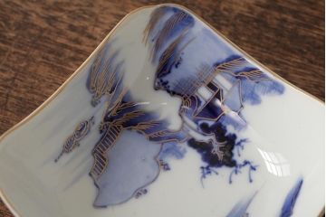 アンティーク雑貨　明治大正期　伊万里焼山水図染付向付3点セット(小皿、和食器)(R-042693)