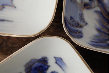 アンティーク雑貨　明治大正期　伊万里焼山水図染付向付3点セット(小皿、和食器)(R-042693)