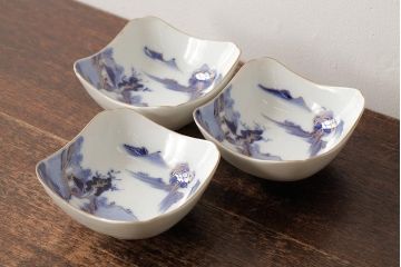アンティーク雑貨　明治大正期　伊万里焼山水図染付向付3点セット(小皿、和食器)(R-042693)