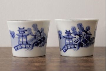 古民具・骨董　明治大正期　伊万里焼　染付蕎麦猪口2個セット(そば猪口、和食器)(R-042694)