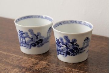 古民具・骨董　明治大正期　伊万里焼　染付蕎麦猪口2個セット(そば猪口、和食器)(R-042694)