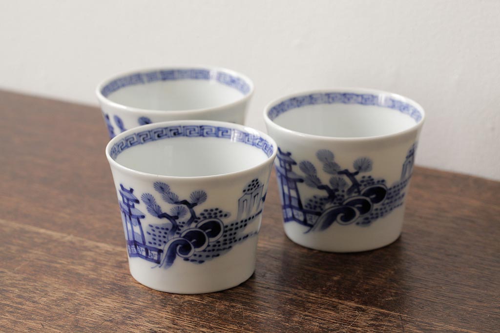 古民具・骨董 明治大正期 伊万里焼 染付蕎麦猪口3個セット(そば猪口、和食器)(R-042695)