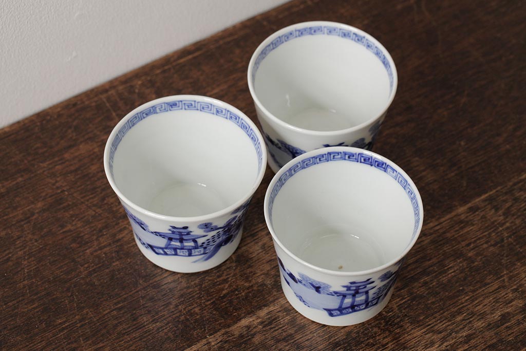 古民具・骨董 明治大正期 伊万里焼 染付蕎麦猪口3個セット(そば猪口、和食器)(R-042695)