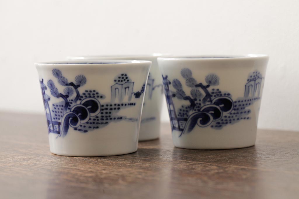古民具・骨董 明治大正期 伊万里焼 染付蕎麦猪口3個セット(そば猪口、和食器)(R-042695)