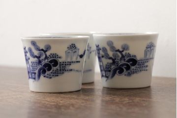 古民具・骨董 明治大正期 伊万里焼 染付蕎麦猪口3個セット(そば猪口、和食器)(R-042695)