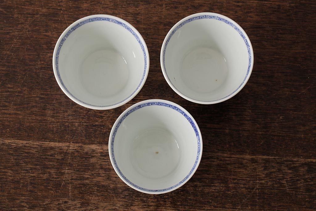 古民具・骨董 明治大正期 伊万里焼 染付蕎麦猪口3個セット(そば猪口、和食器)(R-042695)