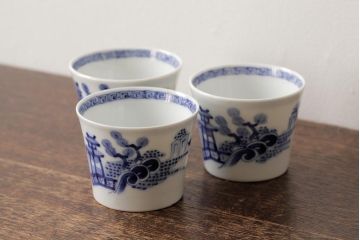 古民具・骨董　明治大正期　伊万里焼　染付蕎麦猪口3個セット(そば猪口、和食器)(R-042695)