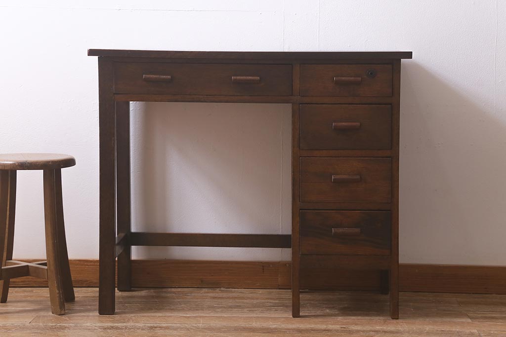 レトロ家具　昭和レトロ　薄型リメイク　ナラ材　美しい木目が魅力の片袖机(片袖デスク、ワークデスク、在宅ワーク、在宅用)(R-042718)