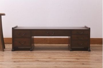 レトロ家具　明治大正期　ヒノキ材　ノスタルジックな雰囲気漂う上品な文机(両袖机、ローテーブル)(R-042725)
