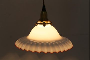 アンティーク照明　レトロ　橙縁フリルシェードのペンダントライト(電笠、天井照明)(R-042734)