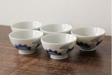 古民具・骨董　明治大正期　伊万里焼　染付猪口5客セット(湯呑茶碗、向付、酒器、和食器)(R-042738)