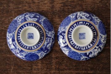古民具・骨董　明治期　伊万里焼　染付蓋茶碗2客セット(和食器)(R-042741)