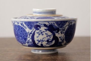 古民具・骨董　明治期　伊万里焼　染付蓋茶碗2客セット(和食器)(R-042741)